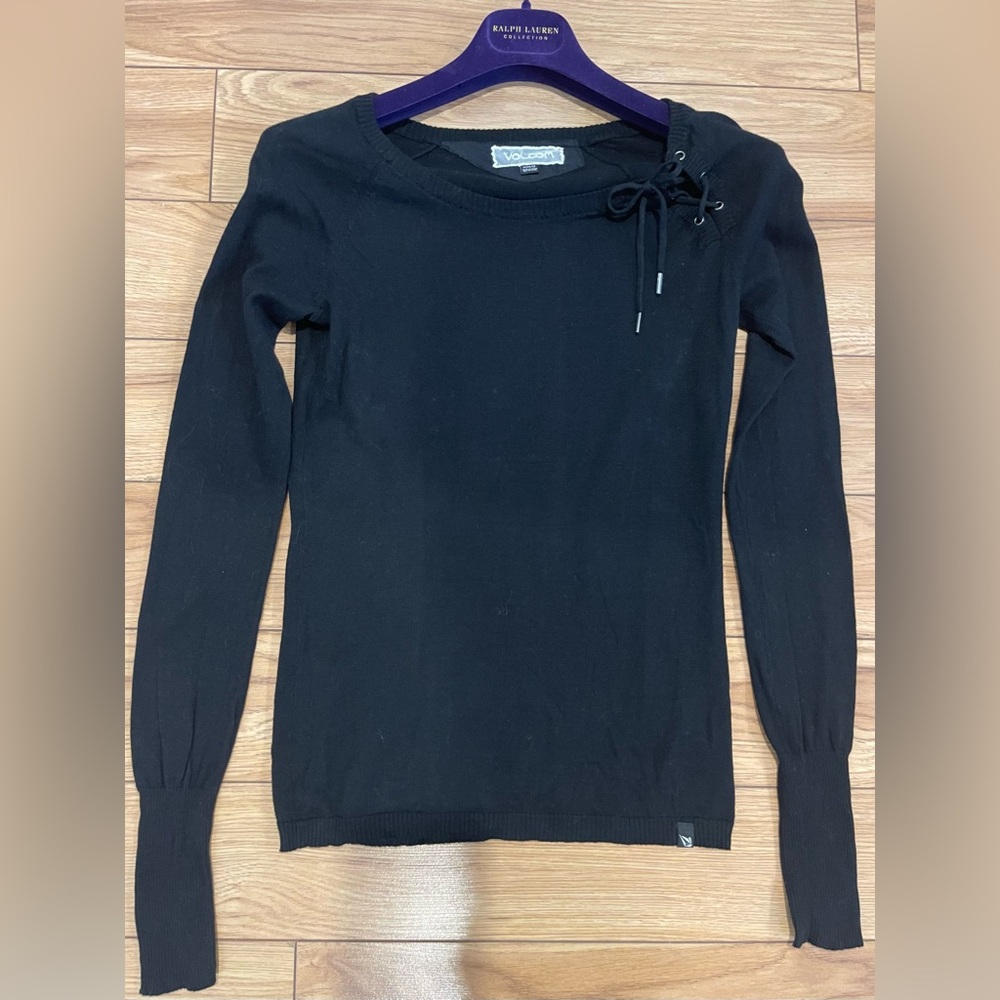 Volcom Women's Black Lace-Up Crewneck Sweater size 12 kids but fit small Y2K